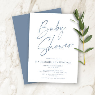 Dusty Blue Modern Handwritten Script Baby Shower Invitation