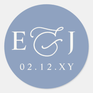 Dusty Blue Modern Initials Monogram Wedding Classic Round Sticker