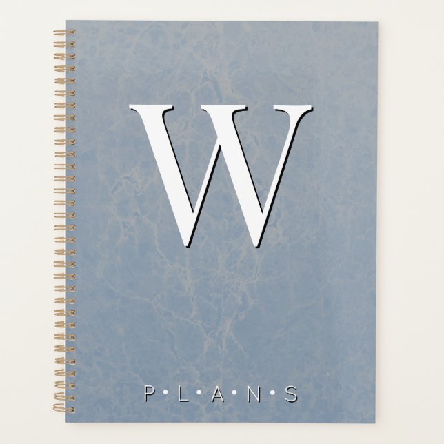 Dusty Blue Modern Marble Monogram Planner (Front)