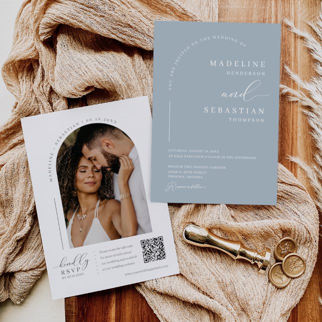 Dusty Blue Modern Minimal Arch Photo QR Code Invit Invitation (Creator Uploaded)