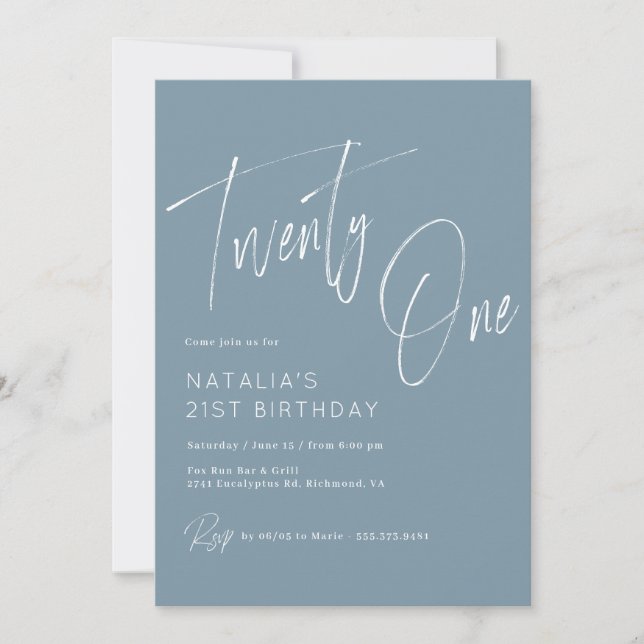 Dusty Blue | Modern Minimal Script 21st Birthday Invitation (Front)