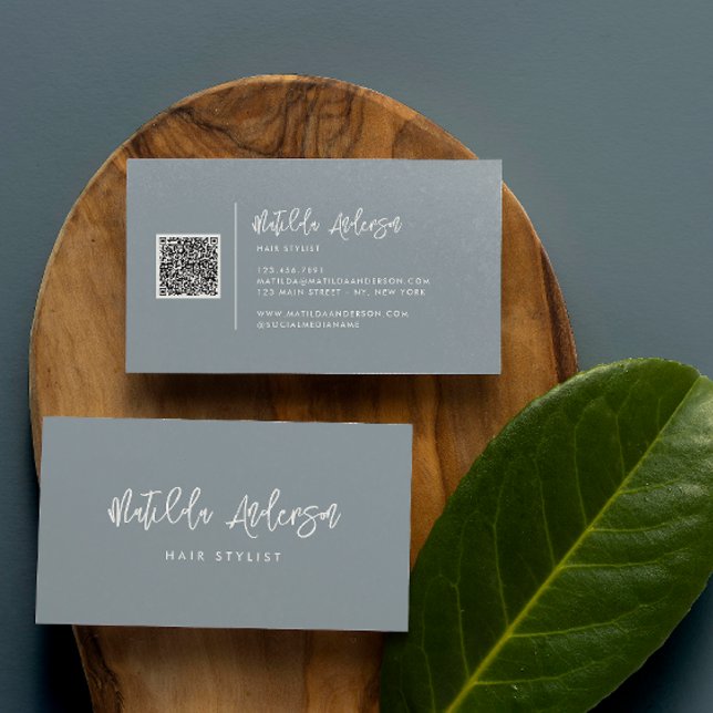 Dusty blue modern minimal script QR CODE Business Card (Creator Uploaded)