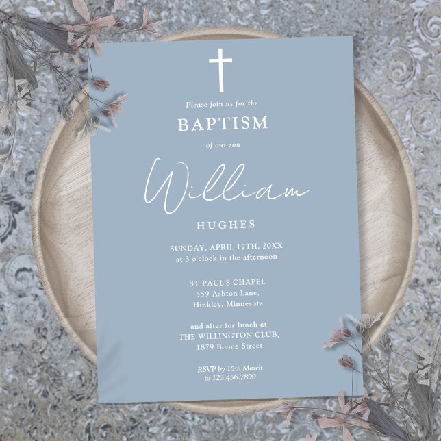 Dusty Blue Modern Minimalist Baptism Christening Invitation (Dusty Blue Modern Minimalist Baptism Christening Invitation)