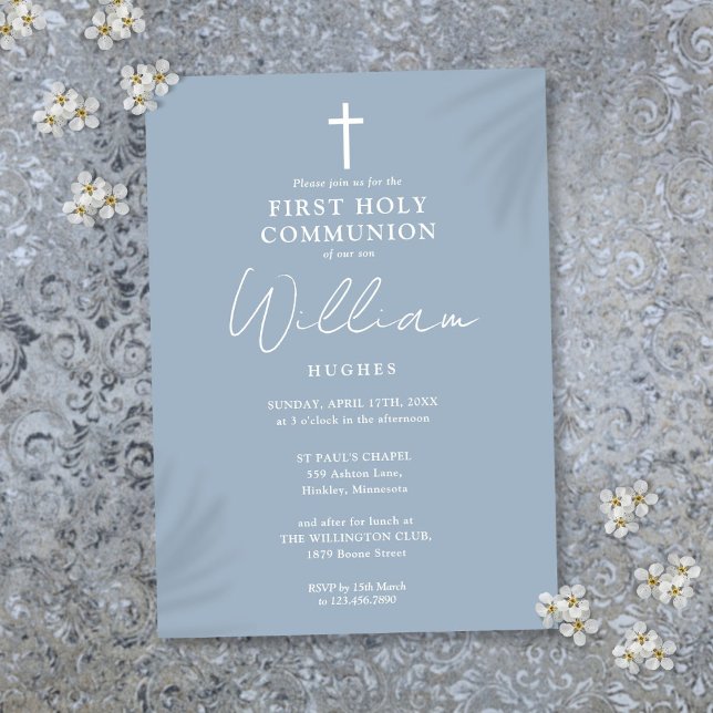 Dusty Blue Modern Minimalist First Holy Communion Invitation (Dusty Blue Modern Minimalist First Holy Communion Invitation)