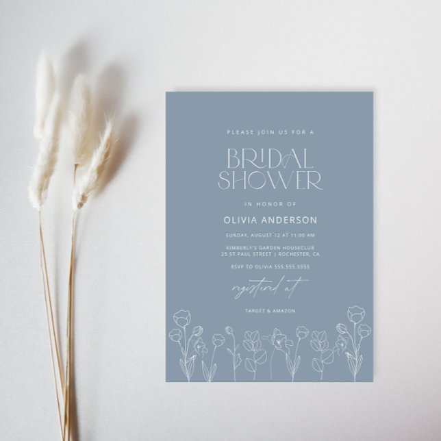 Dusty Blue Modern Minimalist Floral Bridal Shower Invitation (Creator Uploaded)