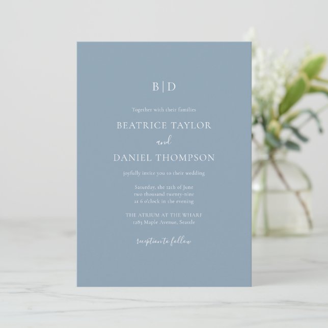 Dusty Blue Modern Monogram Initial Elegant Wedding Invitation (Standing Front)