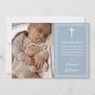 Dusty Blue Modern Photo Baptism Christening Thank You Card