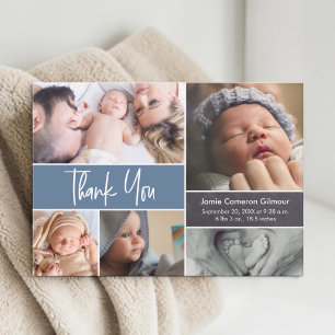 Dusty Blue Modern Photo Collage Baby Shower  Thank You Card