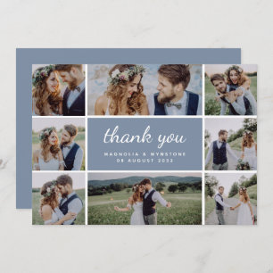 Dusty Blue Modern Photo Collage Wedding  Thank You Card