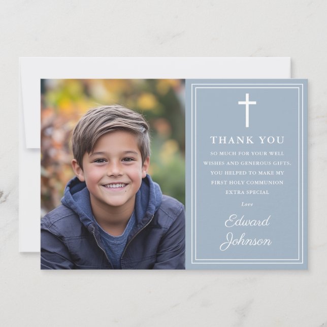 Dusty Blue Modern Photo First Holy Communion Thank You Card (Front)