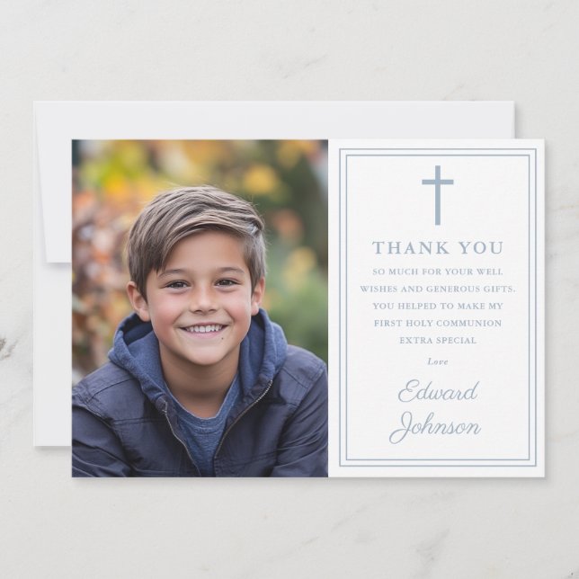 Dusty Blue Modern Photo First Holy Communion Thank You Card (Front)