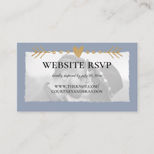Dusty Blue Modern Photo Gold Heart Website RSVP Enclosure Card (Front)