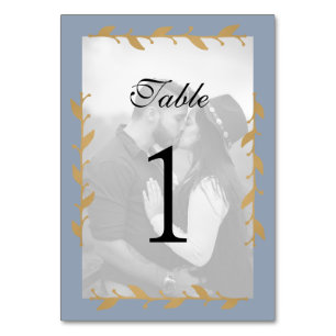 Dusty Blue Modern Photo Gold Leaves Table Number