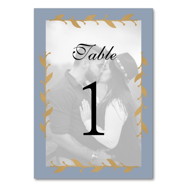 Dusty Blue Modern Photo Gold Leaves Table Number (Front)