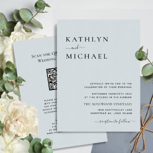 Dusty Blue Modern QR Code All In One Wedding Invitation