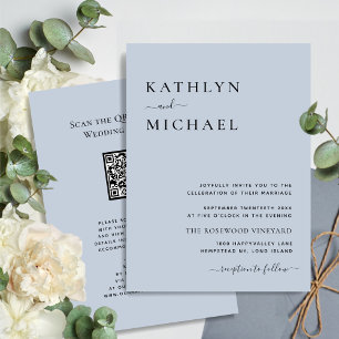 Dusty Blue Modern QR Code All In One Wedding Invitation