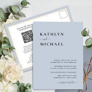 Dusty Blue Modern QR Code All In One Wedding Invitation Postcard