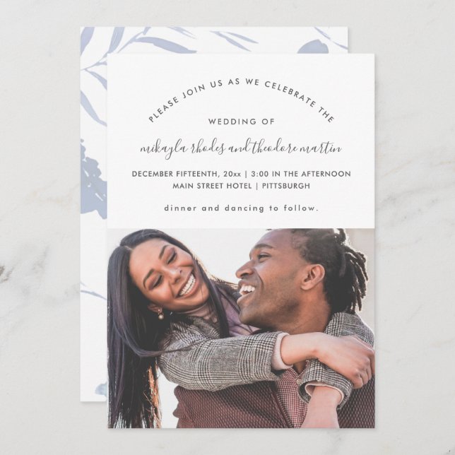 Dusty Blue Modern Script Botanical Photo Wedding Invitation (Front/Back)