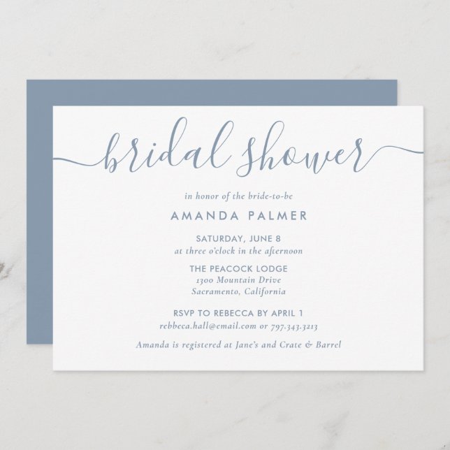 Dusty Blue Modern Script Bridal Shower Invitation (Front/Back)