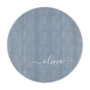 Dusty Blue Modern Script Elegant Monogram Name Cut Cutting Board