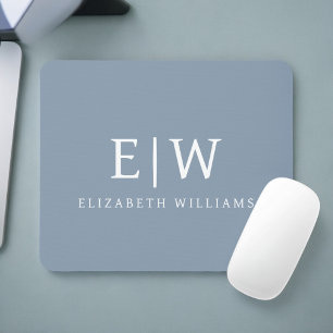 Dusty Blue Modern Script Elegant Monogram Name  Mouse Pad