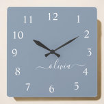 Dusty Blue Modern Script Elegant Monogram Name Square Wall Clock<br><div class="desc">Introducing our Dusty Blue Minimalist Modern Monogram Elegant Collection: Elevate your style with understated sophistication and timeless charm. Our collection features minimalist designs in a soothing dusty blue hue, enhanced with elegant monograms tailored to your personal taste. From refined stationery to versatile accessories, each piece in our collection is meticulously...</div>
