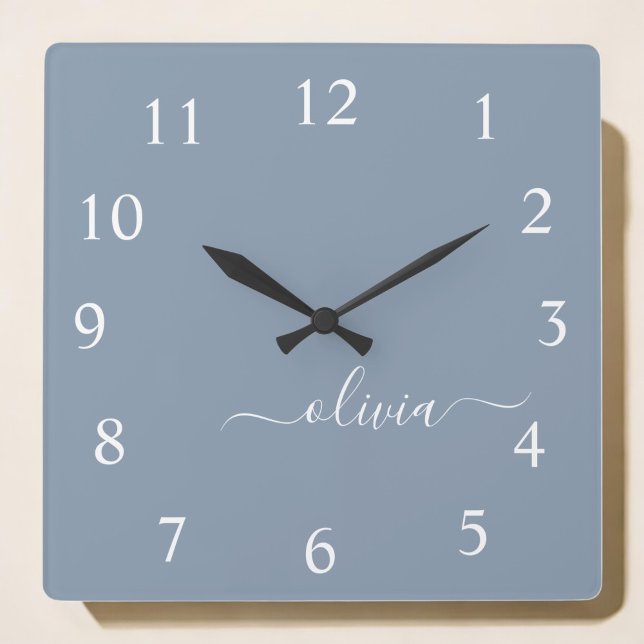 Dusty Blue Modern Script Elegant Monogram Name Square Wall Clock (Creator Uploaded)