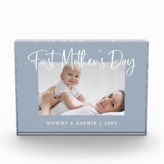 Dusty Blue | Modern Script First Mother's Day Photo Block (Front)