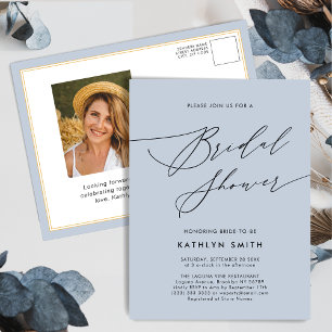 Dusty Blue Modern Script Minimalist Bridal Shower Invitation Postcard