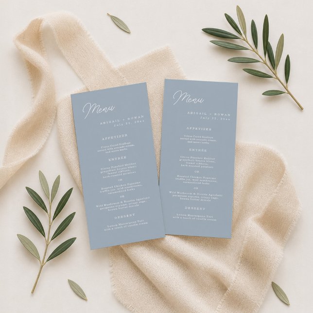 Dusty Blue Modern Script Wedding Long Menu Card (Creator Uploaded)