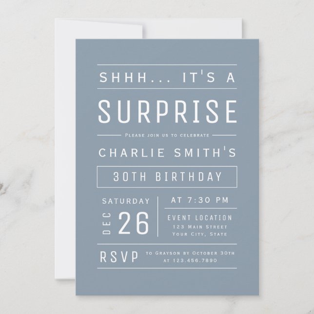 Dusty Blue Modern Typography Surprise Birthday Invitation (Front)