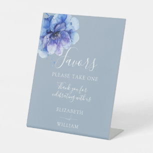 Dusty Blue Modern Watercolor Floral Wedding Favour Pedestal Sign