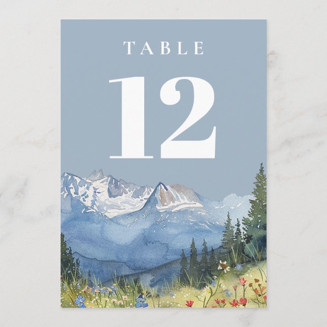 Dusty Blue Modern Watercolor Mountain Table Number (Back)