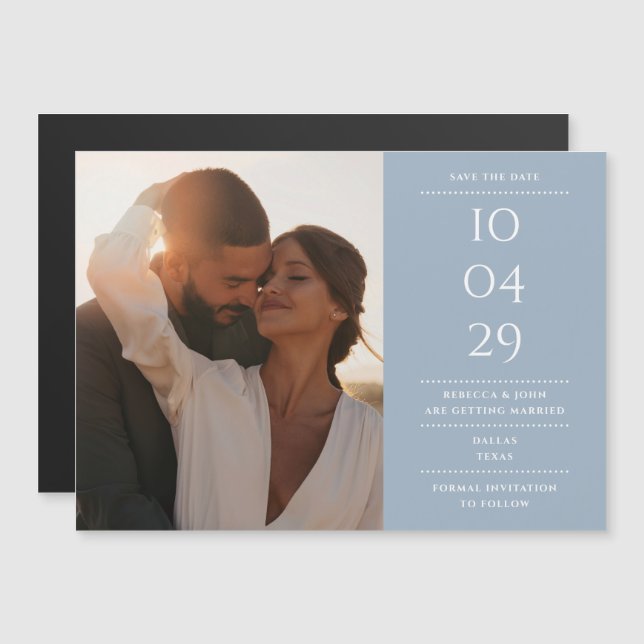 Dusty Blue Modern Wedding Photo Save The Date Magnetic Invitation (Front/Back)
