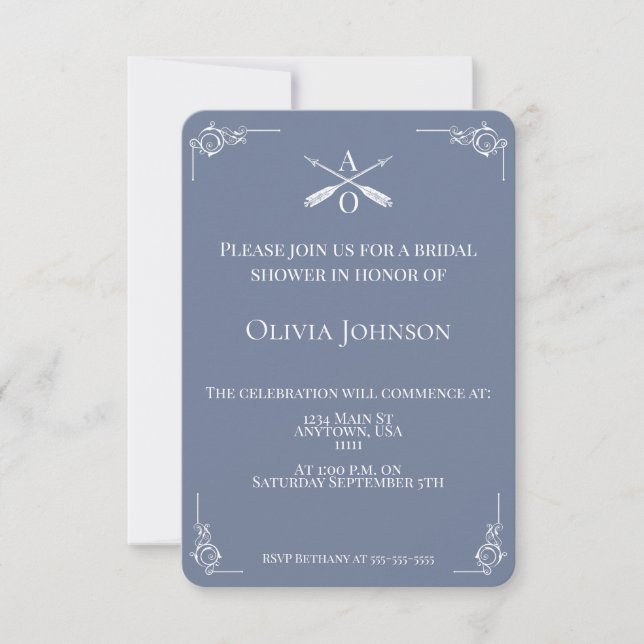Dusty Blue Monogram and Arrows Bridal Shower Invitation (Front)