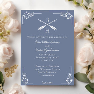 Dusty Blue Monogram and Arrows Wedding Invitation