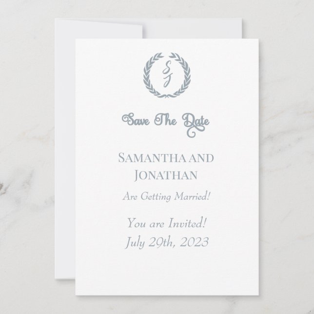 Dusty Blue Monogram and Wreath Save the Date Invitation (Front)