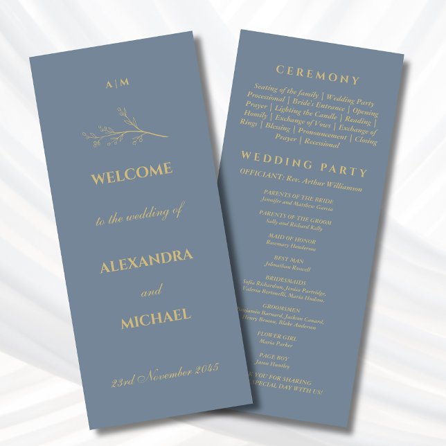 Dusty Blue Monogram Botanical Minimalist Wedding  Program (Creator Uploaded)