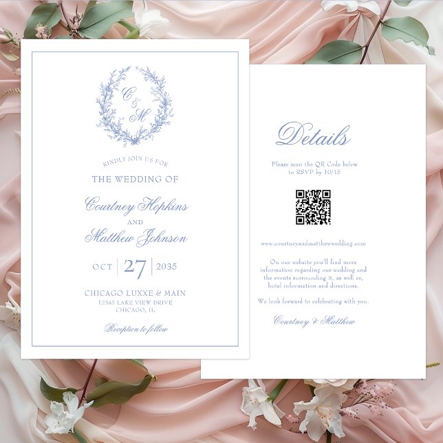 Dusty Blue Monogram Botanical Wreath All In One  Invitation (Creator Uploaded)