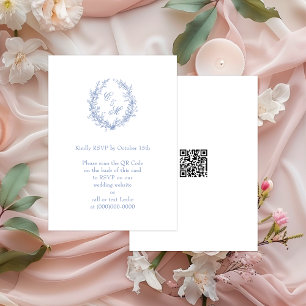 Dusty Blue Monogram Botanical Wreath QR Code RSVP Enclosure Card