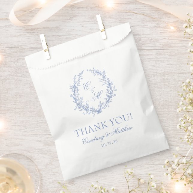 Dusty Blue Monogram Botanical Wreath Thank You Favour Bag (Clipped)