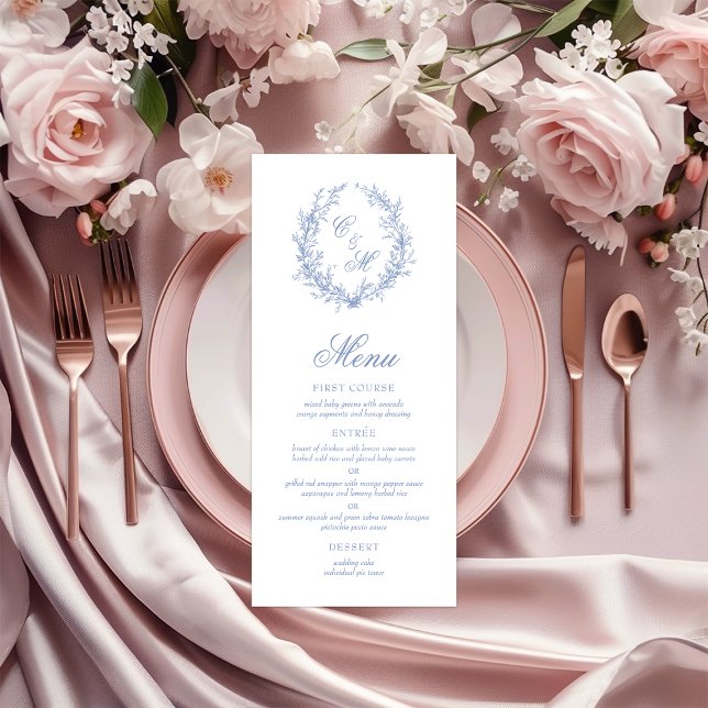 Dusty Blue Monogram Botanical Wreath Wedding Menu (Creator Uploaded)