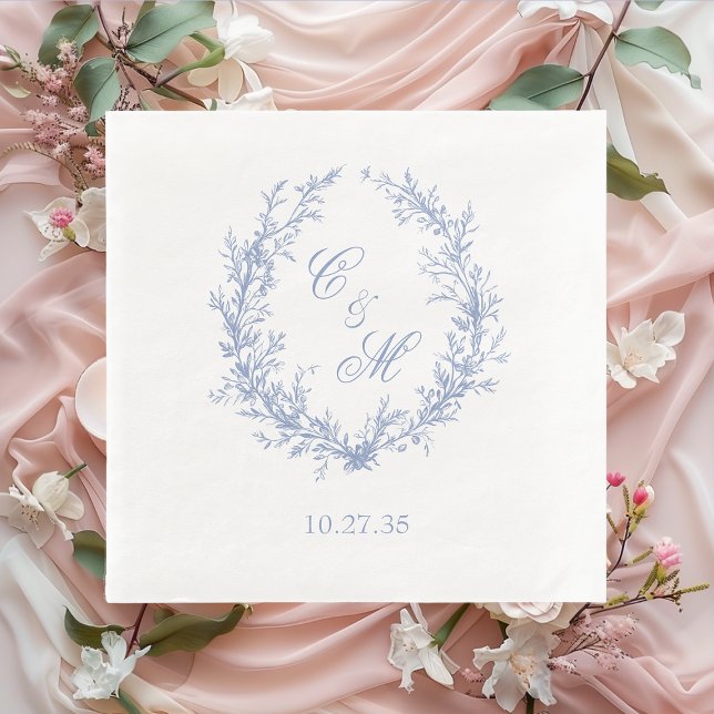 Dusty Blue Monogram Botanical Wreath Wedding Napkin (Creator Uploaded)