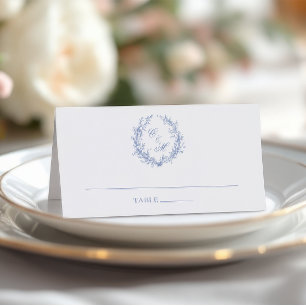 Dusty Blue Monogram Botanical Wreath Wedding Place Card
