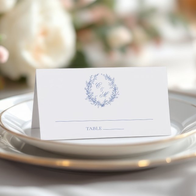 Dusty Blue Monogram Botanical Wreath Wedding Place Card (Creator Uploaded)