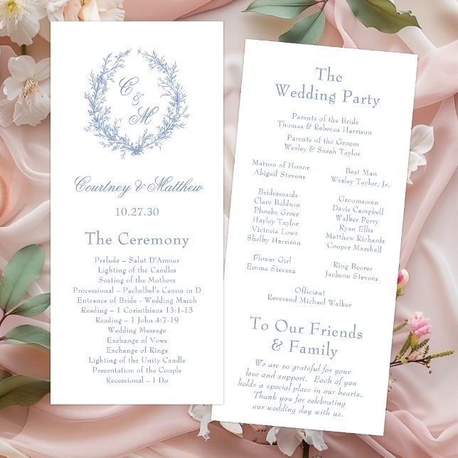 Dusty Blue Monogram Botanical Wreath Wedding Program (Creator Uploaded)