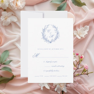 Dusty Blue Monogram Botanical Wreath Wedding RSVP Card