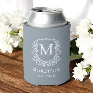 Dusty Blue Monogram Crest Botanical Wedding  Can Cooler