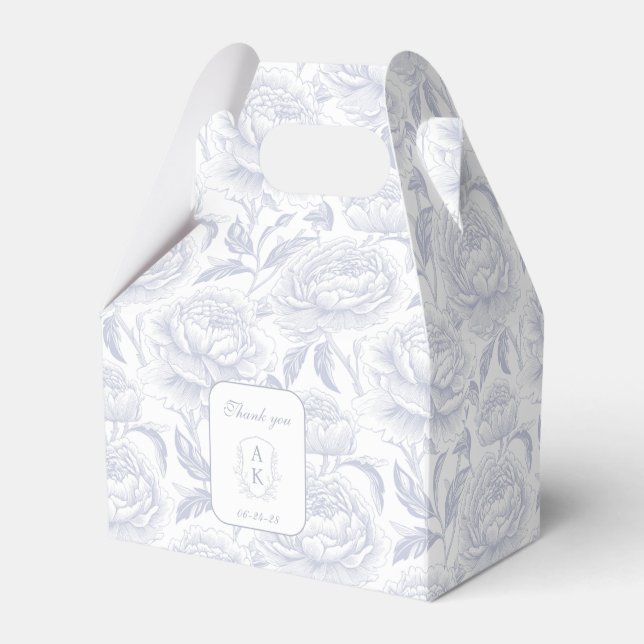 Dusty Blue Monogram Crest Chinoiserie Peonies Favour Box (Front Side)