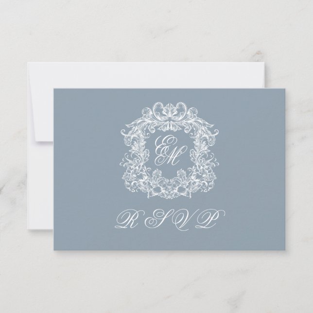 Dusty Blue Monogram Crest Elegant Wedding RSVP Card (Front)